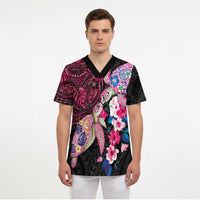 Hawaiian Couple Turtles Honi Scrub Top Polynesian Art Motifs and Hibiscus Black Red Color - Polynesian Pride