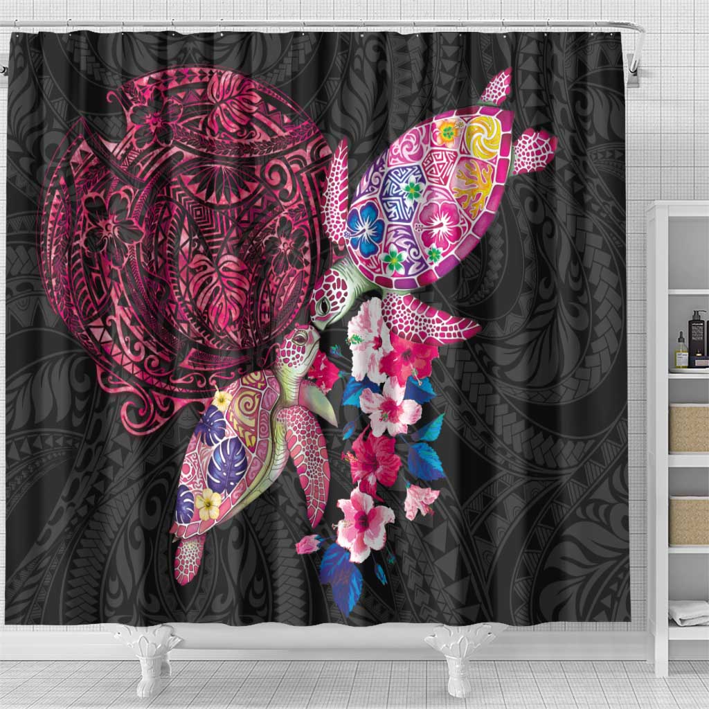 Hawaiian Couple Turtles Honi Shower Curtain Polynesian Art Motifs and Hibiscus Black Red Color - Polynesian Pride