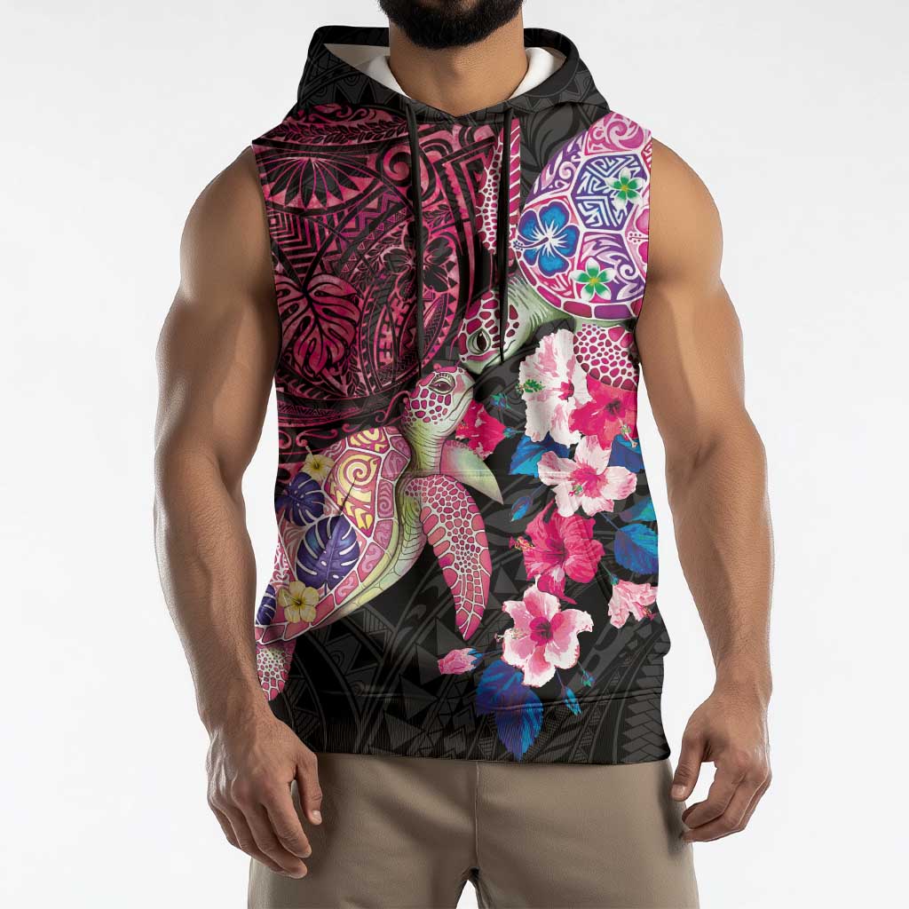 Hawaiian Couple Turtles Honi Sleeveless Hoodie Polynesian Art Motifs and Hibiscus Black Red Color - Polynesian Pride