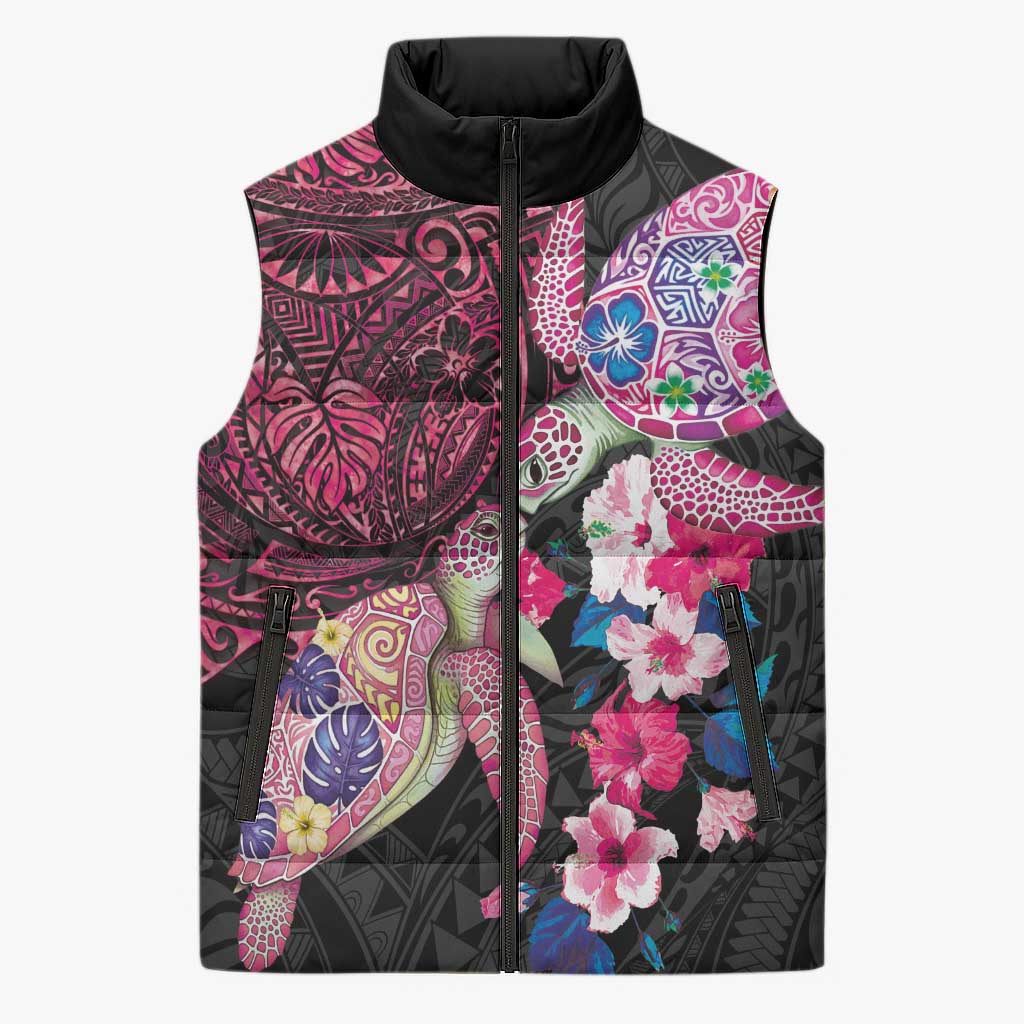 Hawaiian Couple Turtles Honi Sleeveless Puffer Jacket Polynesian Art Motifs and Hibiscus Black Red Color - Polynesian Pride