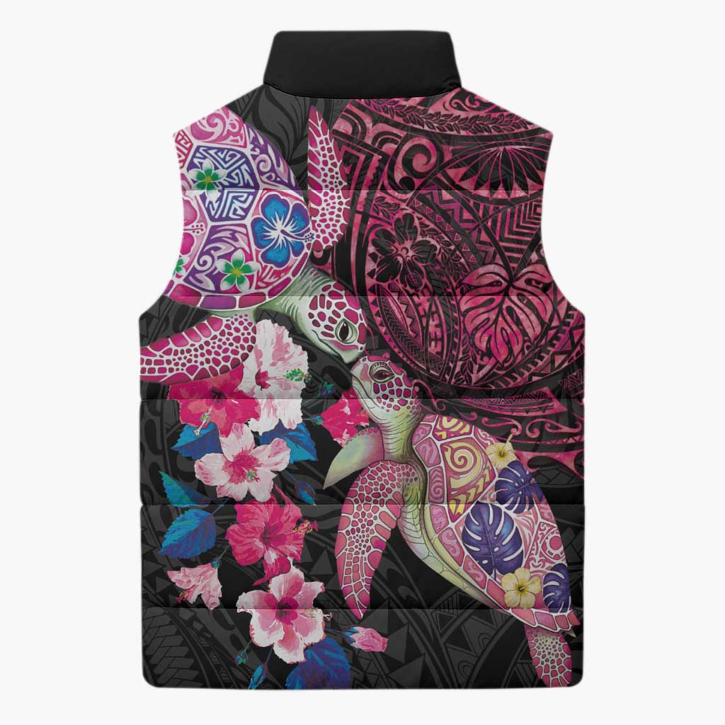 Hawaiian Couple Turtles Honi Sleeveless Puffer Jacket Polynesian Art Motifs and Hibiscus Black Red Color - Polynesian Pride