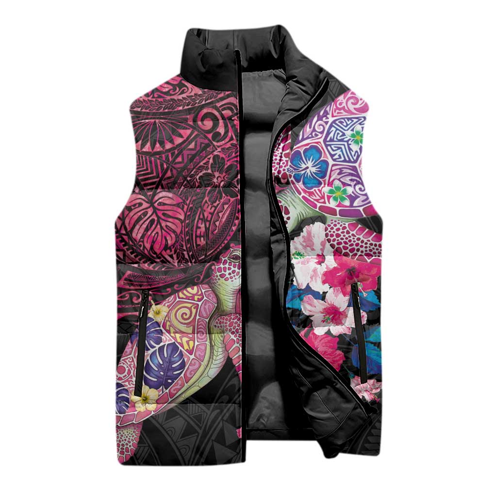 Hawaiian Couple Turtles Honi Sleeveless Puffer Jacket Polynesian Art Motifs and Hibiscus Black Red Color - Polynesian Pride