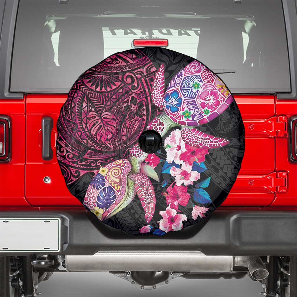 Hawaiian Couple Turtles Honi Spare Tire Cover Polynesian Art Motifs and Hibiscus Black Red Color - Polynesian Pride