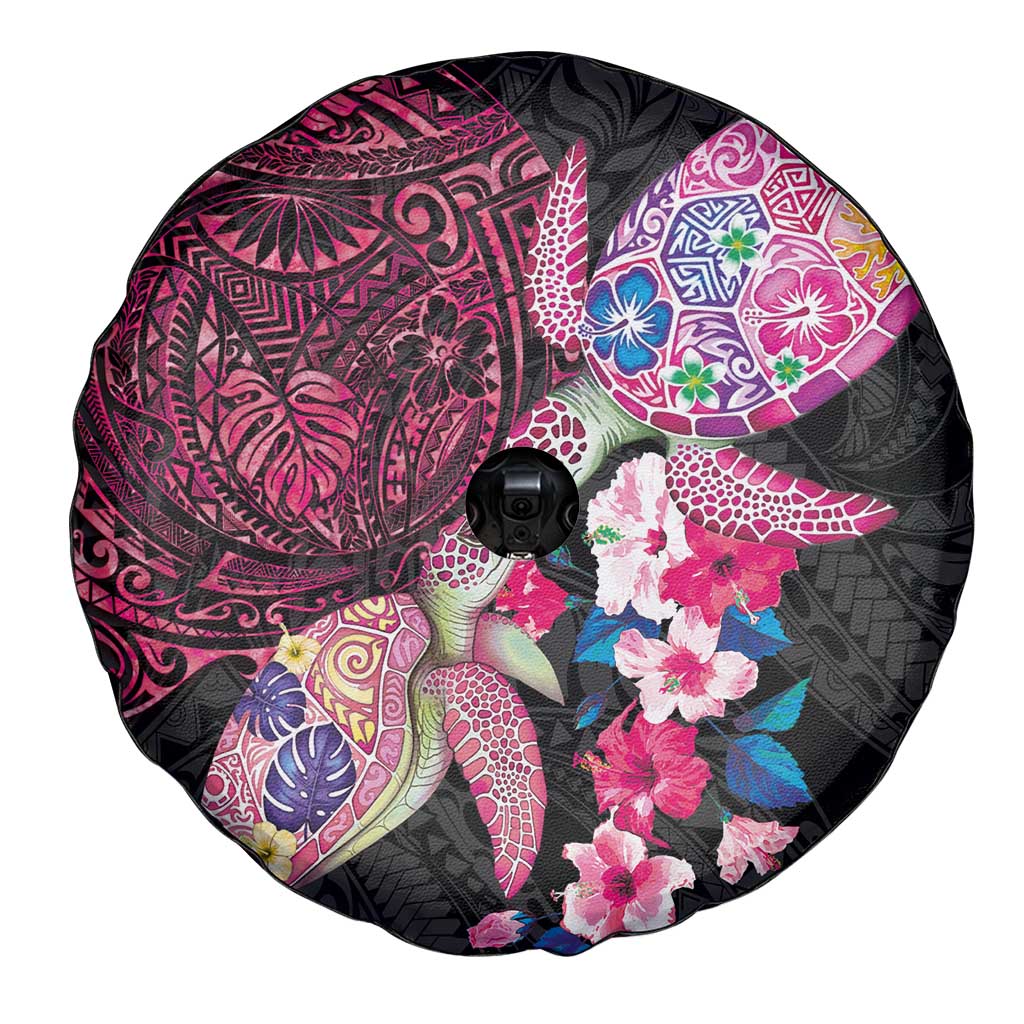 Hawaiian Couple Turtles Honi Spare Tire Cover Polynesian Art Motifs and Hibiscus Black Red Color - Polynesian Pride