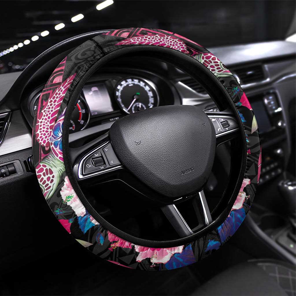 Hawaiian Couple Turtles Honi Steering Wheel Cover Polynesian Art Motifs and Hibiscus Black Red Color - Polynesian Pride