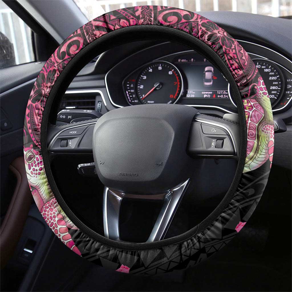 Hawaiian Couple Turtles Honi Steering Wheel Cover Polynesian Art Motifs and Hibiscus Black Red Color - Polynesian Pride