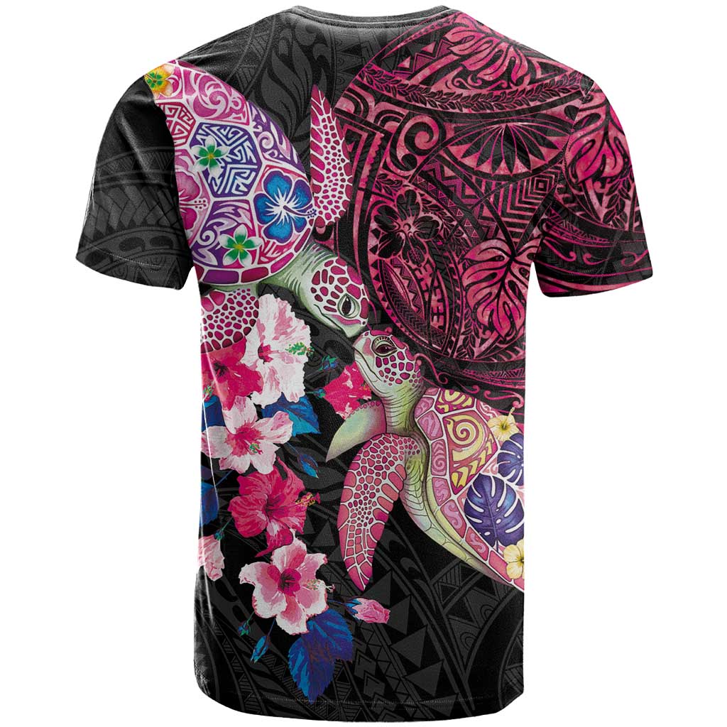 Hawaiian Couple Turtles Honi T Shirt Polynesian Art Motifs and Hibiscus Black Red Color - Polynesian Pride