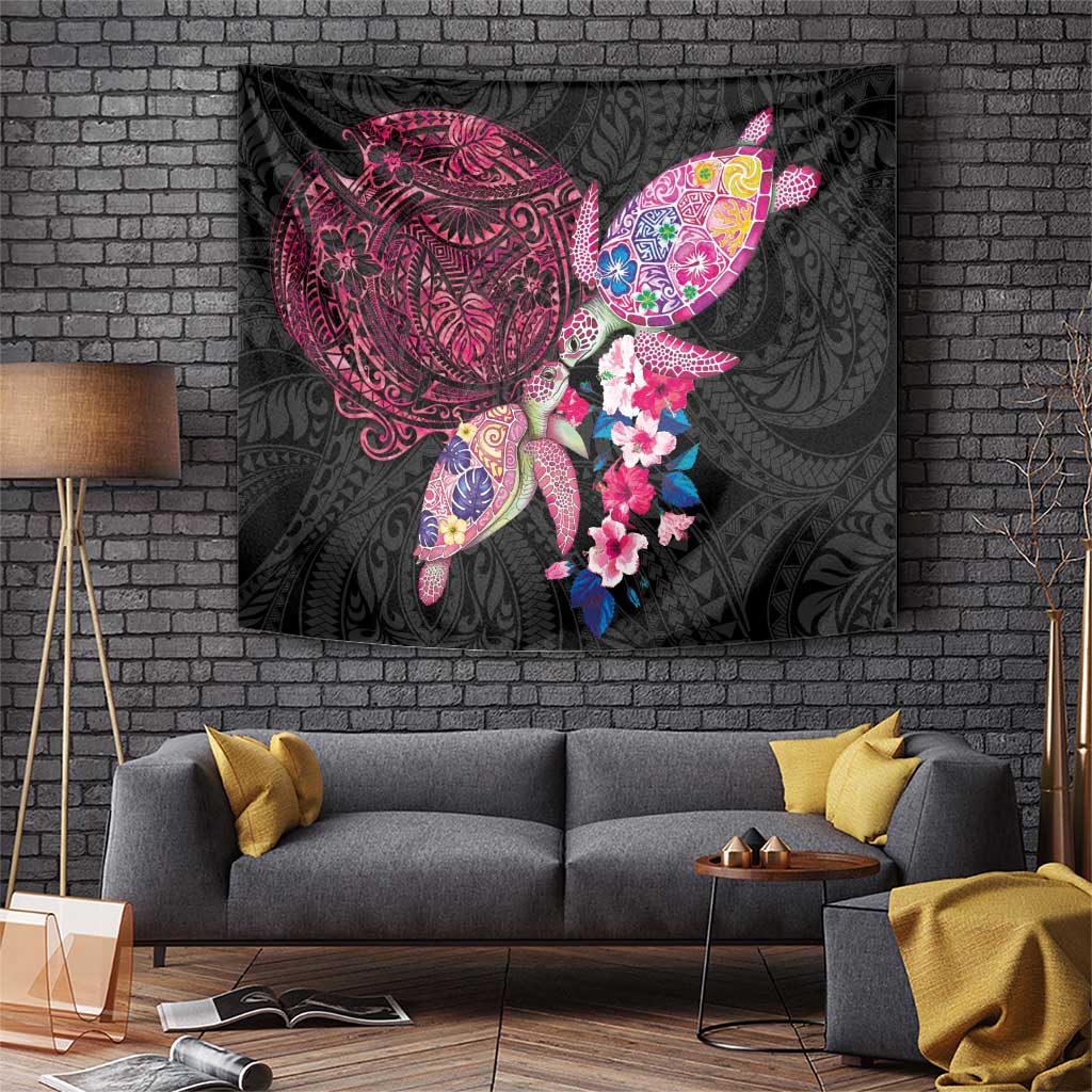 Hawaiian Couple Turtles Honi Tapestry Polynesian Art Motifs and Hibiscus Black Red Color - Polynesian Pride
