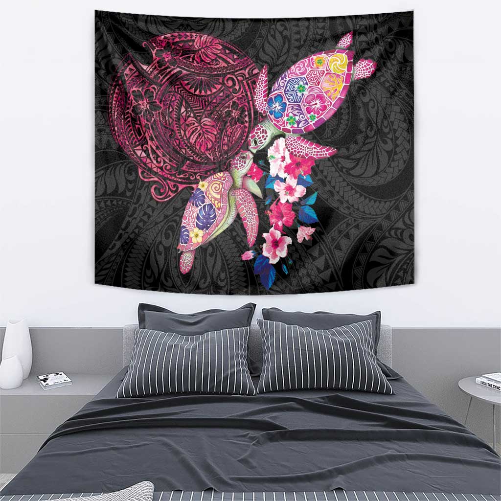 Hawaiian Couple Turtles Honi Tapestry Polynesian Art Motifs and Hibiscus Black Red Color - Polynesian Pride