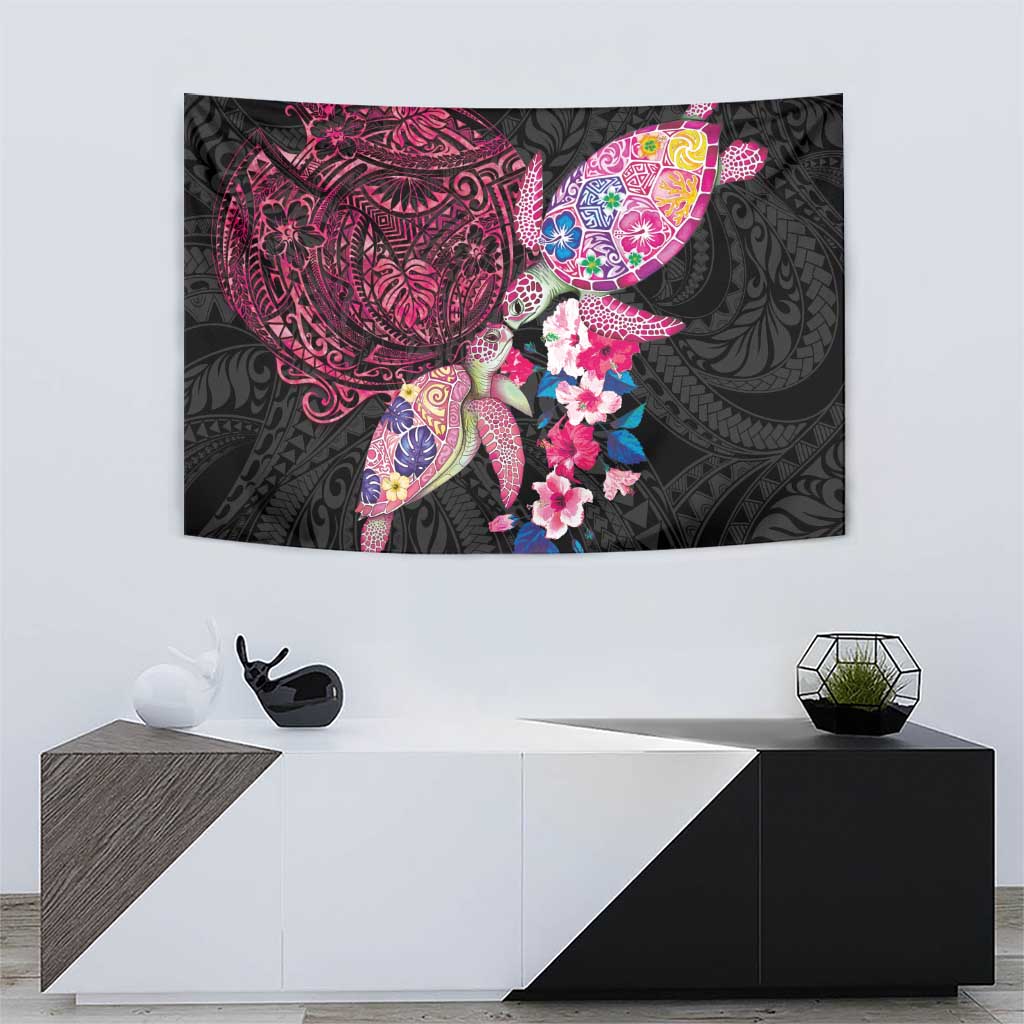 Hawaiian Couple Turtles Honi Tapestry Polynesian Art Motifs and Hibiscus Black Red Color - Polynesian Pride