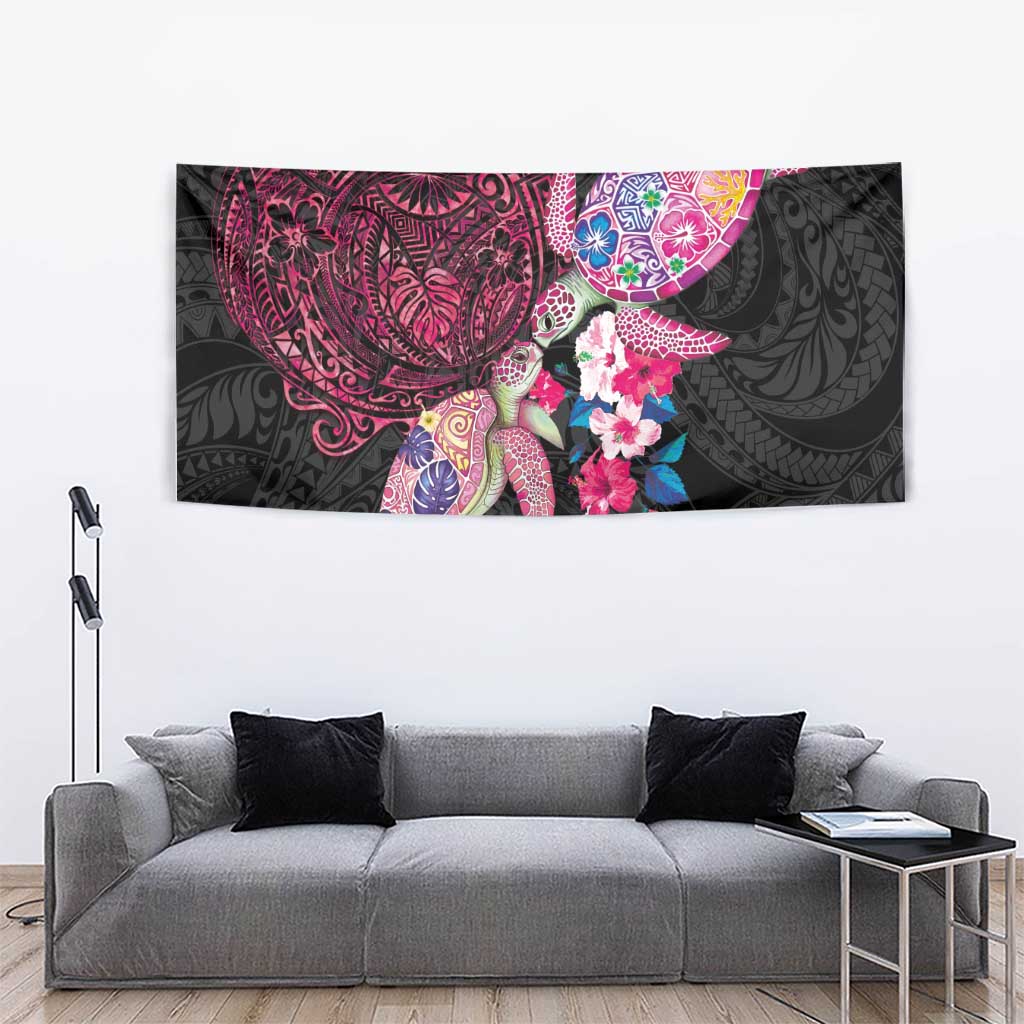 Hawaiian Couple Turtles Honi Tapestry Polynesian Art Motifs and Hibiscus Black Red Color - Polynesian Pride