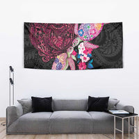 Hawaiian Couple Turtles Honi Tapestry Polynesian Art Motifs and Hibiscus Black Red Color - Polynesian Pride