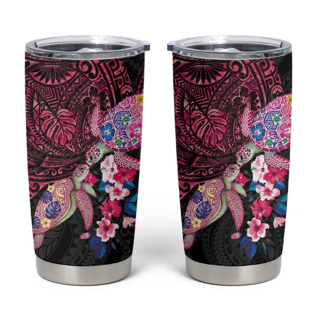 Hawaiian Couple Turtles Honi Tumbler Cup Polynesian Art Motifs and Hibiscus Black Red Color - Polynesian Pride
