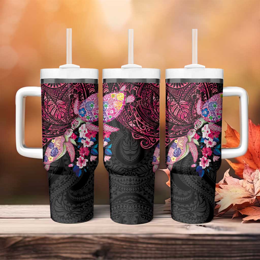 Hawaiian Couple Turtles Honi Tumbler With Handle Polynesian Art Motifs and Hibiscus Black Red Color - Polynesian Pride