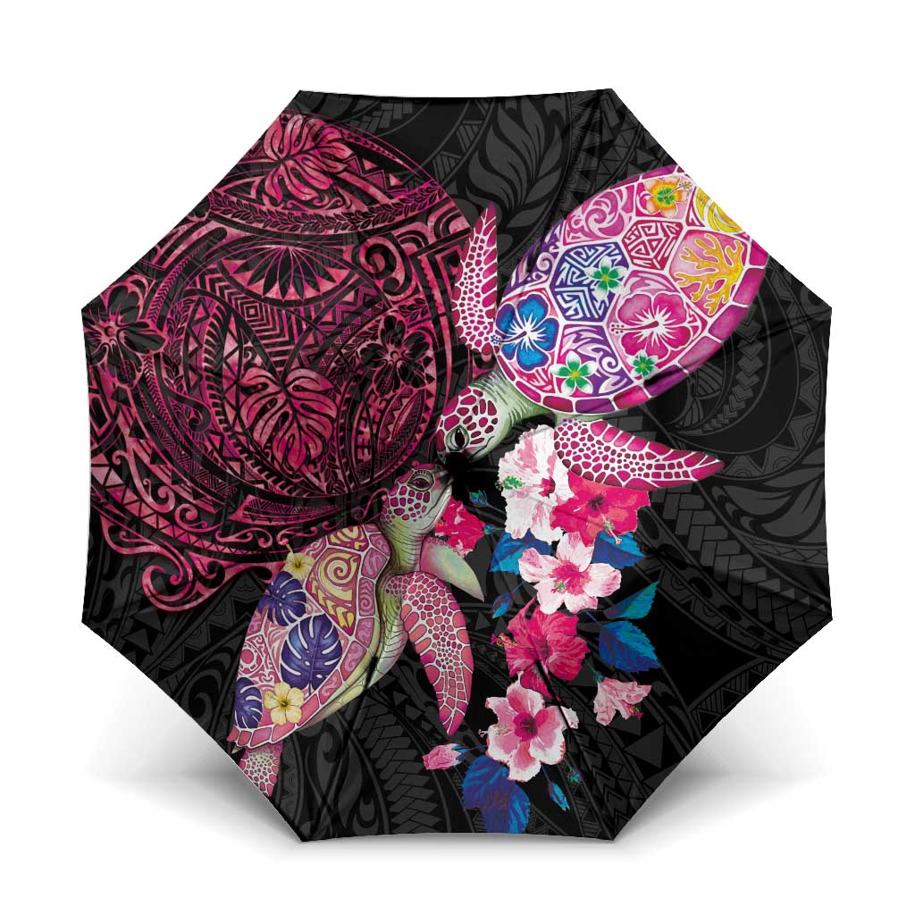Hawaiian Couple Turtles Honi Umbrella Polynesian Art Motifs and Hibiscus Black Red Color - Polynesian Pride