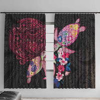 Hawaiian Couple Turtles Honi Window Curtain Polynesian Art Motifs and Hibiscus Black Red Color - Polynesian Pride