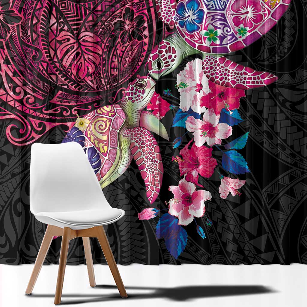 Hawaiian Couple Turtles Honi Window Curtain Polynesian Art Motifs and Hibiscus Black Red Color - Polynesian Pride