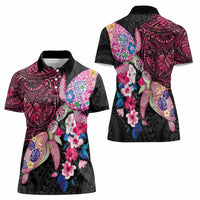 Hawaiian Couple Turtles Honi Women Polo Shirt Polynesian Art Motifs and Hibiscus Black Red Color - Polynesian Pride