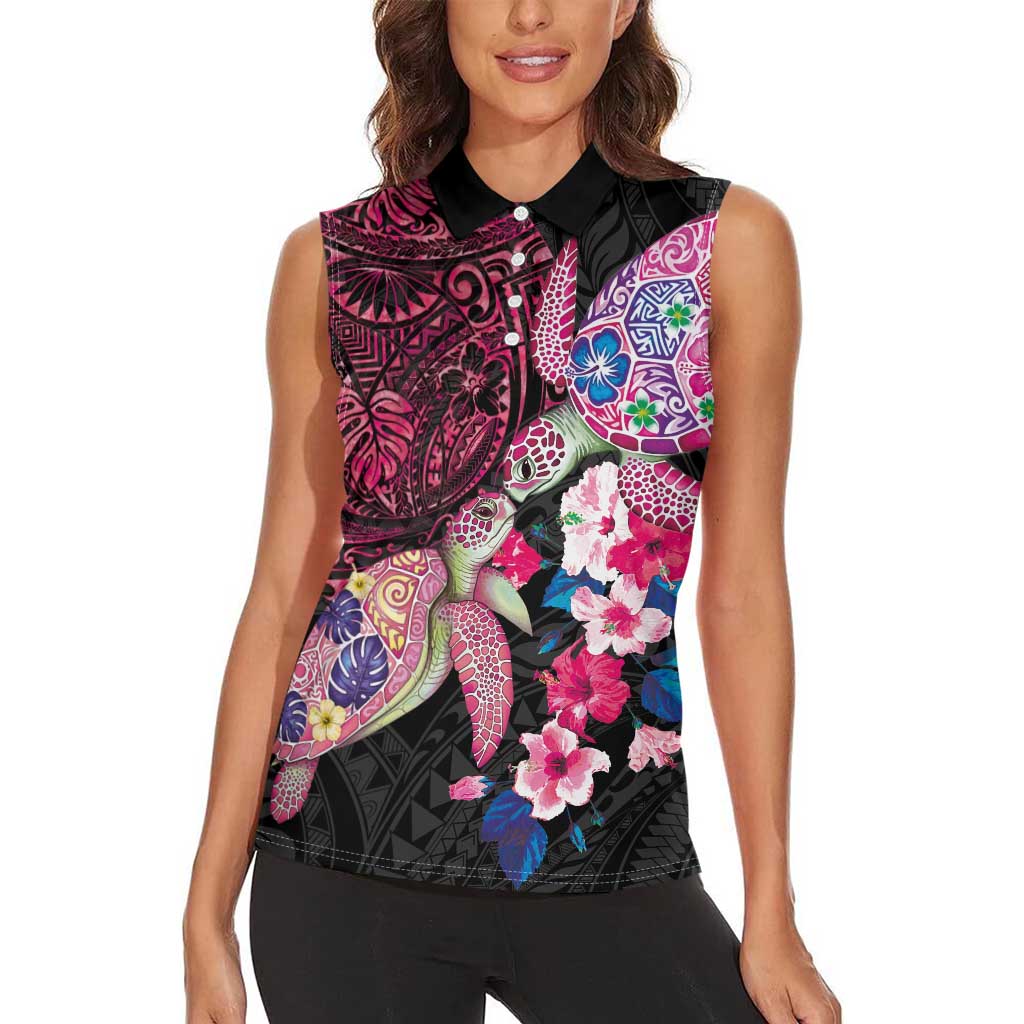 Hawaiian Couple Turtles Honi Women Sleeveless Polo Shirt Polynesian Art Motifs and Hibiscus Black Red Color - Polynesian Pride