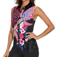 Hawaiian Couple Turtles Honi Women Sleeveless Polo Shirt Polynesian Art Motifs and Hibiscus Black Red Color - Polynesian Pride