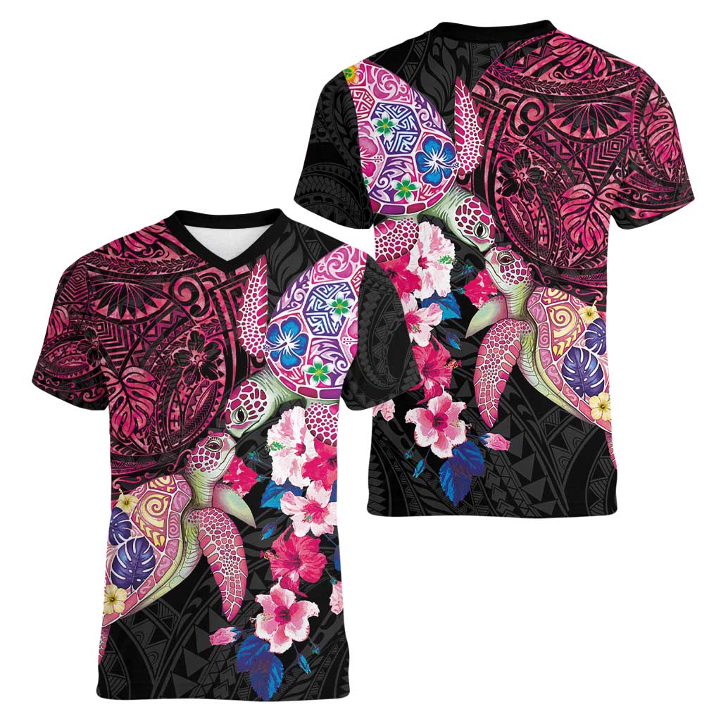 Hawaiian Couple Turtles Honi Women V-Neck T-Shirt Polynesian Art Motifs and Hibiscus Black Red Color - Polynesian Pride