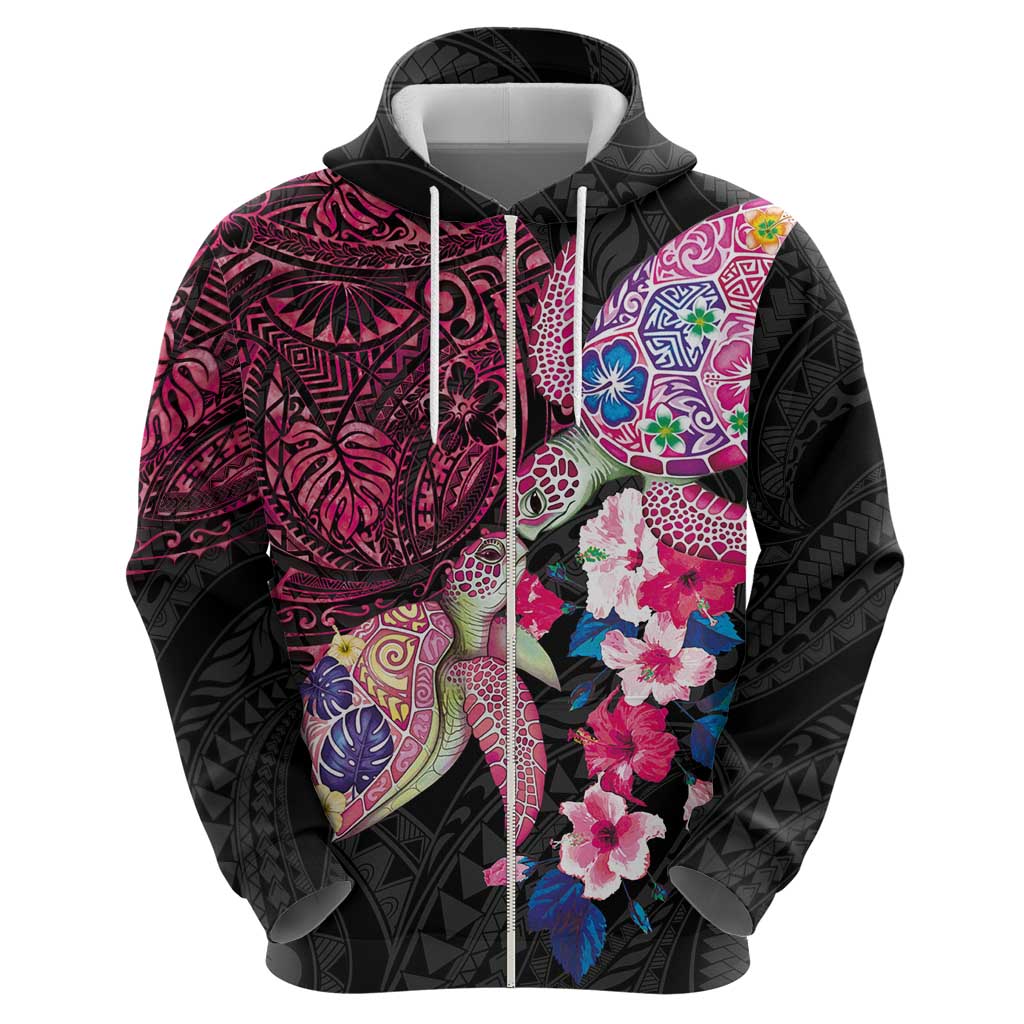 Hawaiian Couple Turtles Honi Zip Hoodie Polynesian Art Motifs and Hibiscus Black Red Color - Polynesian Pride