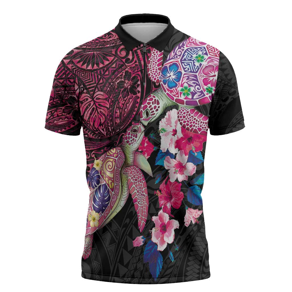 Hawaiian Couple Turtles Honi Zipper Polo Shirt Polynesian Art Motifs and Hibiscus Black Red Color - Polynesian Pride