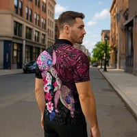 Hawaiian Couple Turtles Honi Zipper Polo Shirt Polynesian Art Motifs and Hibiscus Black Red Color - Polynesian Pride