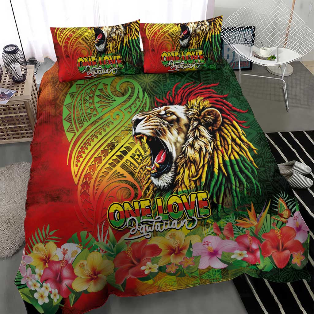 Hawaiian Reggae Bedding Set Jawaiian One Love-Tribal Tatoos and Rastafari Lion - Polynesian Pride