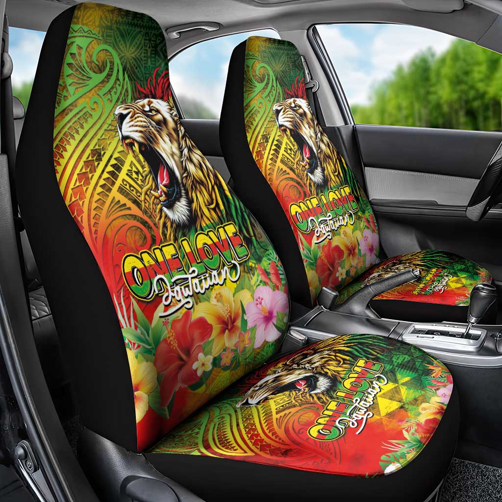 Hawaiian Reggae Car Seat Cover Jawaiian One Love-Tribal Tatoos and Rastafari Lion - Polynesian Pride