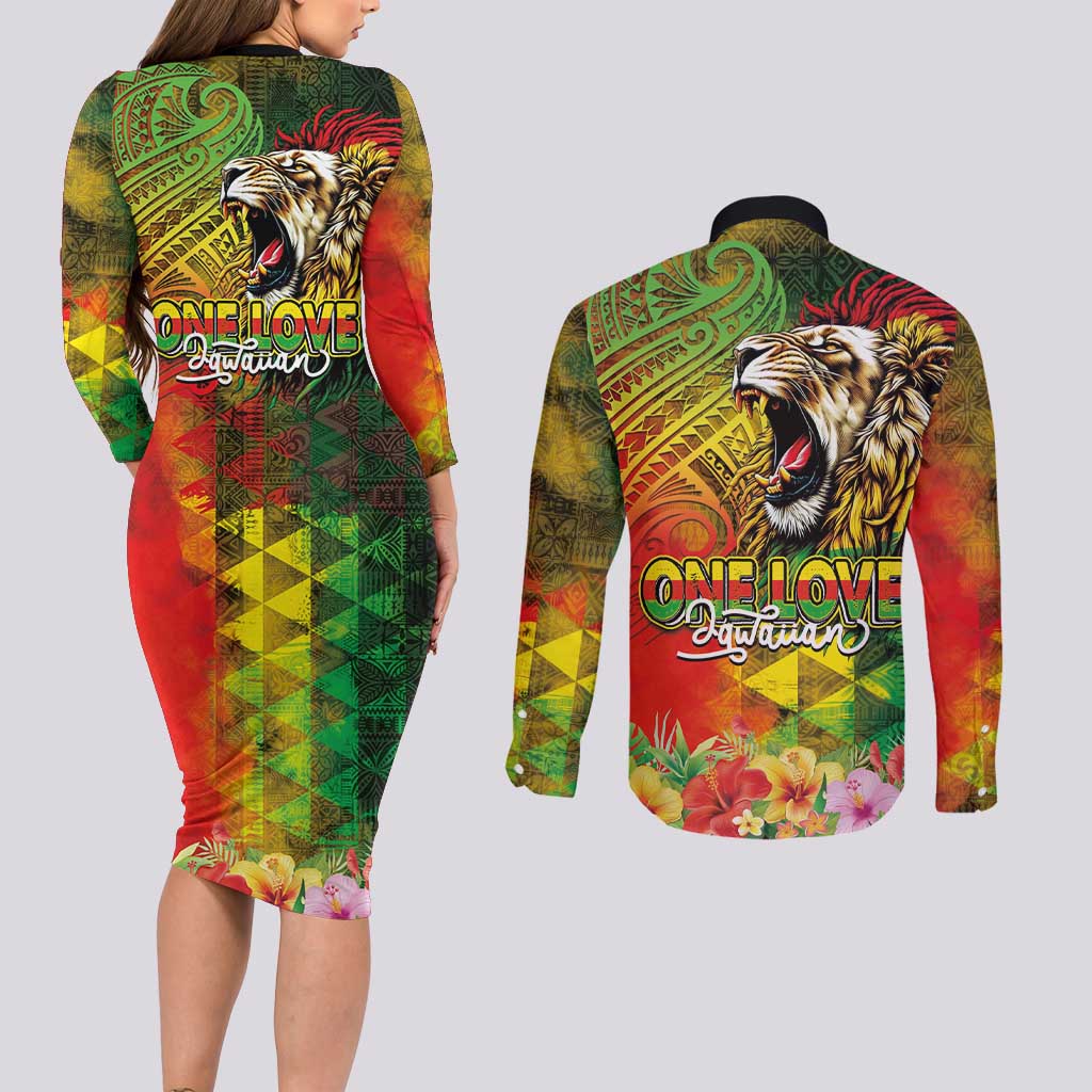Hawaiian Reggae Couples Matching Long Sleeve Bodycon Dress and Long Sleeve Button Shirt Jawaiian One Love-Tribal Tatoos and Rastafari Lion - Polynesian Pride