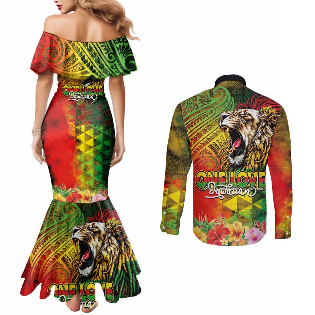 Hawaiian Reggae Couples Matching Mermaid Dress and Long Sleeve Button Shirt Jawaiian One Love-Tribal Tatoos and Rastafari Lion - Polynesian Pride