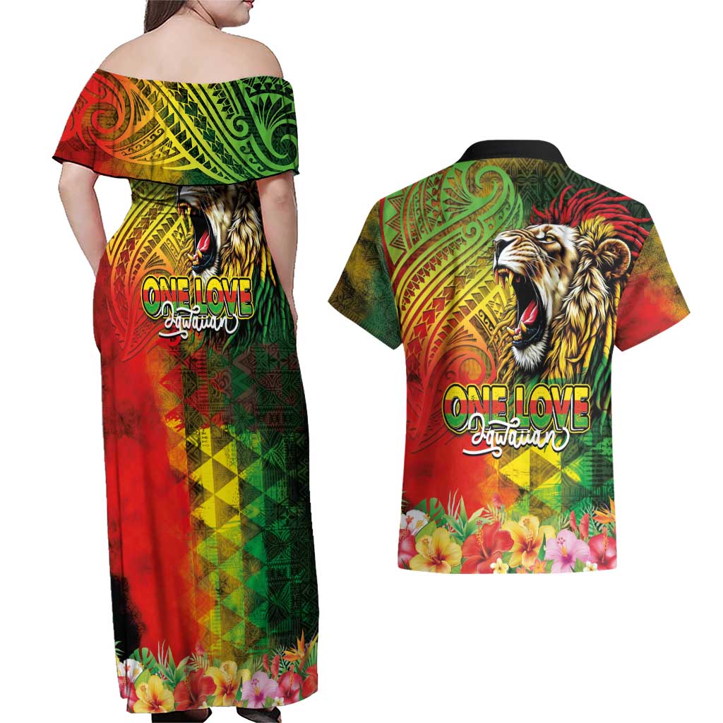 Hawaiian Reggae Couples Matching Off Shoulder Maxi Dress and Hawaiian Shirt Jawaiian One Love-Tribal Tatoos and Rastafari Lion - Polynesian Pride
