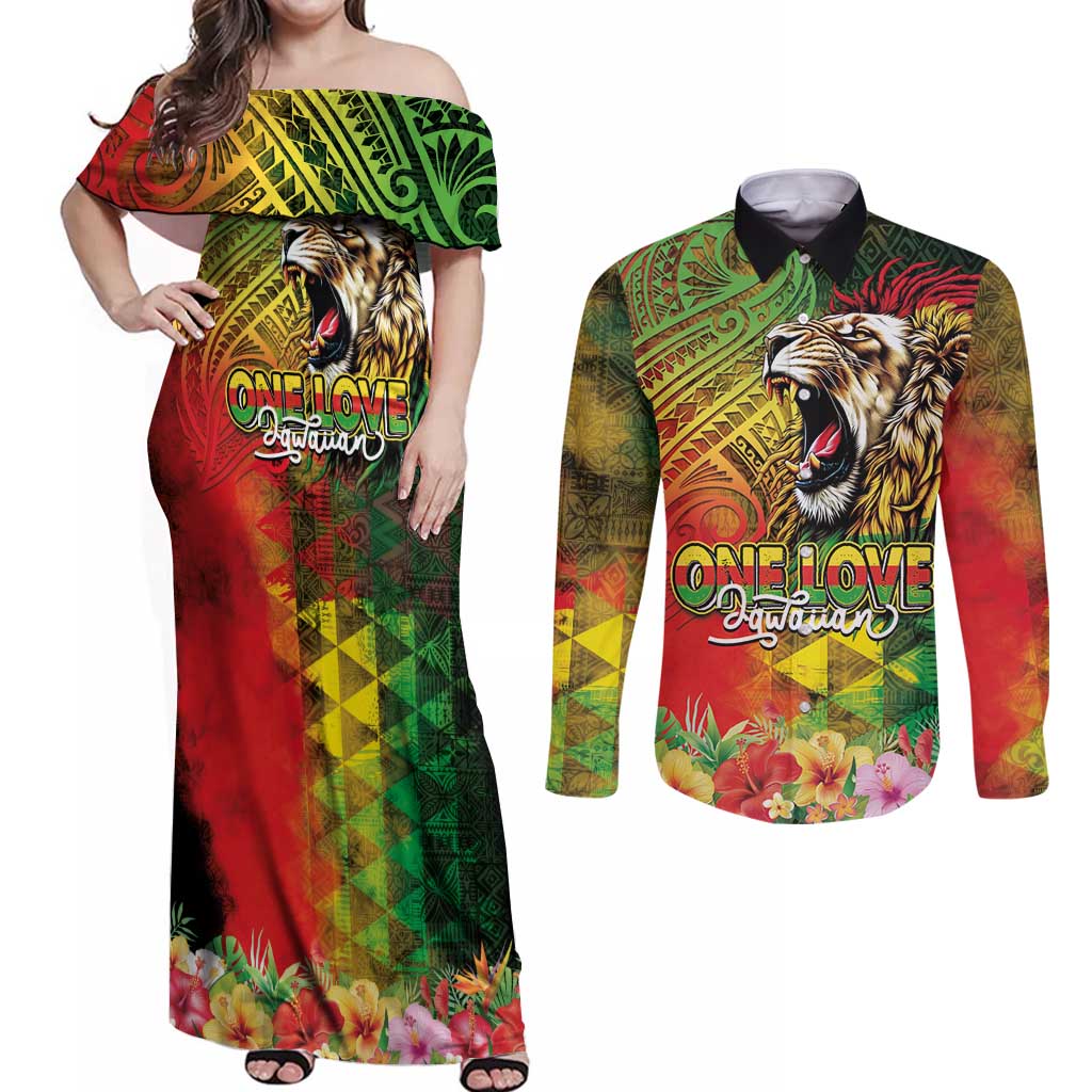 Hawaiian Reggae Couples Matching Off Shoulder Maxi Dress and Long Sleeve Button Shirt Jawaiian One Love-Tribal Tatoos and Rastafari Lion - Polynesian Pride