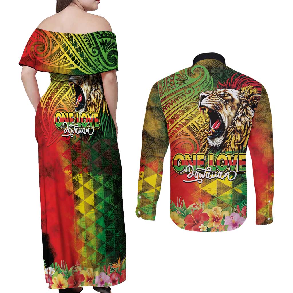 Hawaiian Reggae Couples Matching Off Shoulder Maxi Dress and Long Sleeve Button Shirt Jawaiian One Love-Tribal Tatoos and Rastafari Lion - Polynesian Pride