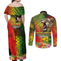 Hawaiian Reggae Couples Matching Off Shoulder Maxi Dress and Long Sleeve Button Shirt Jawaiian One Love-Tribal Tatoos and Rastafari Lion - Polynesian Pride