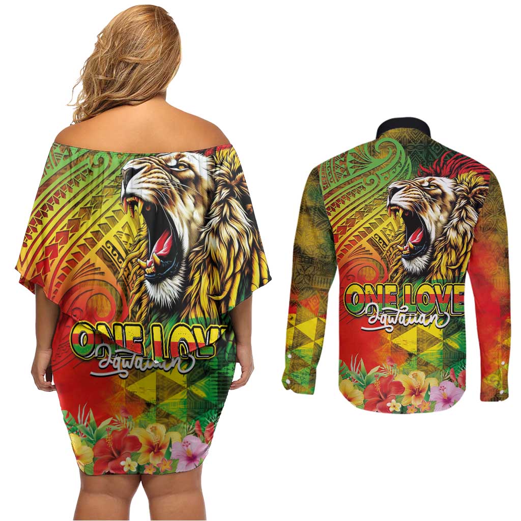 Hawaiian Reggae Couples Matching Off Shoulder Short Dress and Long Sleeve Button Shirt Jawaiian One Love-Tribal Tatoos and Rastafari Lion - Polynesian Pride