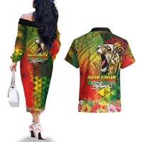 Hawaiian Reggae Couples Matching Off The Shoulder Long Sleeve Dress and Hawaiian Shirt Jawaiian One Love-Tribal Tatoos and Rastafari Lion - Polynesian Pride
