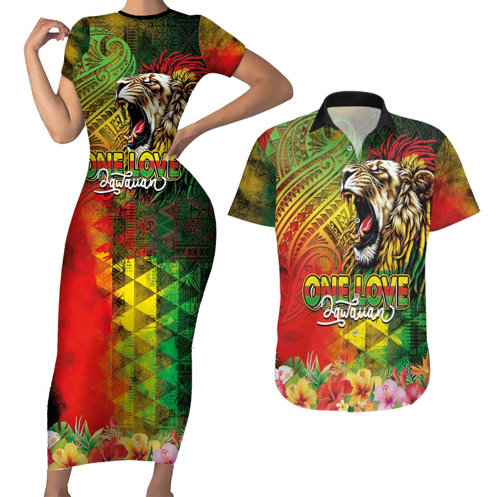 Hawaiian Reggae Couples Matching Short Sleeve Bodycon Dress and Hawaiian Shirt Jawaiian One Love-Tribal Tatoos and Rastafari Lion - Polynesian Pride