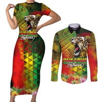 Hawaiian Reggae Couples Matching Short Sleeve Bodycon Dress and Long Sleeve Button Shirt Jawaiian One Love-Tribal Tatoos and Rastafari Lion - Polynesian Pride