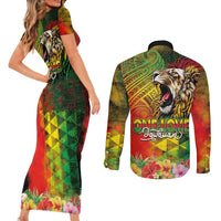 Hawaiian Reggae Couples Matching Short Sleeve Bodycon Dress and Long Sleeve Button Shirt Jawaiian One Love-Tribal Tatoos and Rastafari Lion - Polynesian Pride