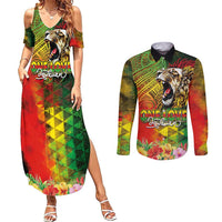 Hawaiian Reggae Couples Matching Summer Maxi Dress and Long Sleeve Button Shirt Jawaiian One Love-Tribal Tatoos and Rastafari Lion - Polynesian Pride