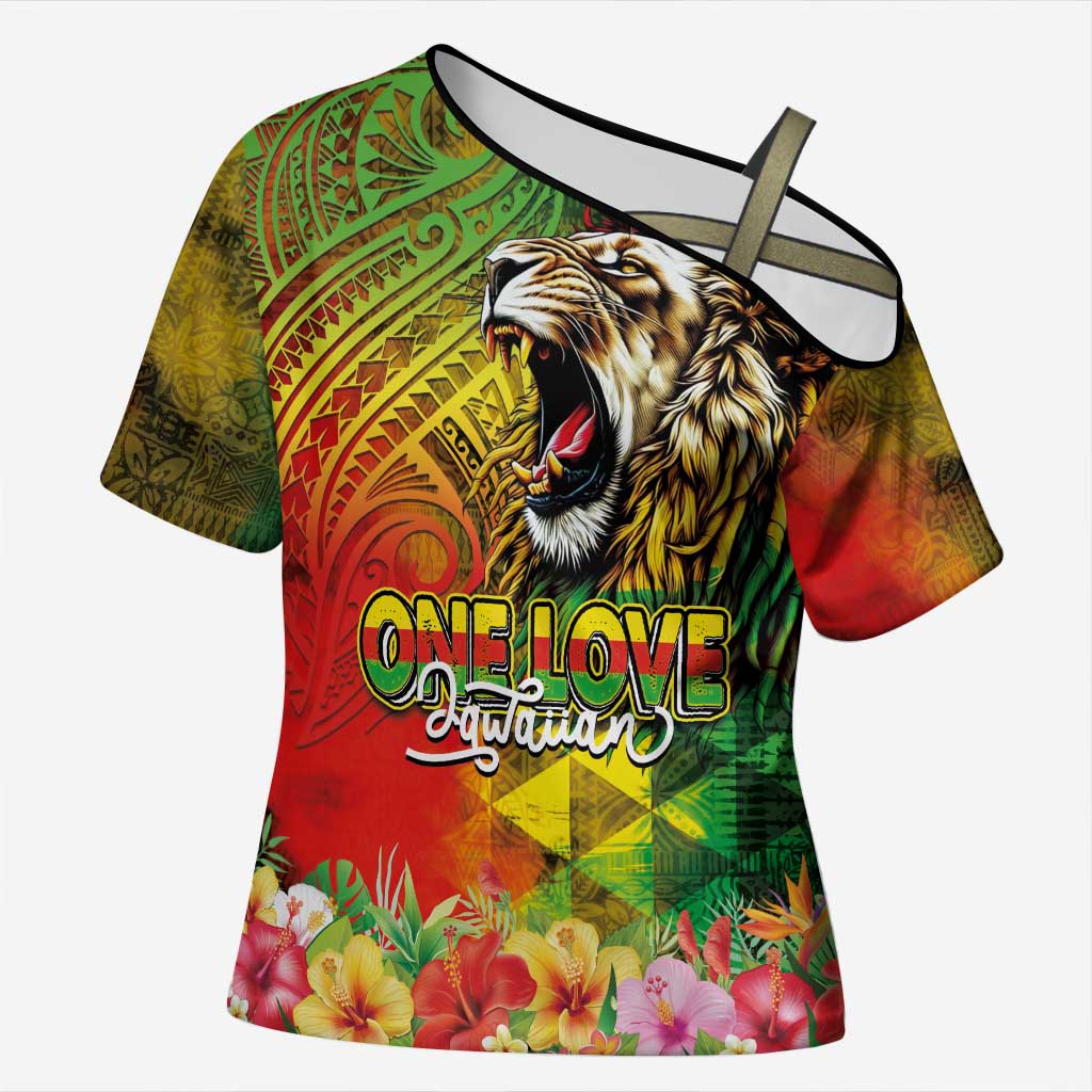 Hawaiian Reggae Cross Shoulder Shirt Jawaiian One Love-Tribal Tatoos and Rastafari Lion - Polynesian Pride