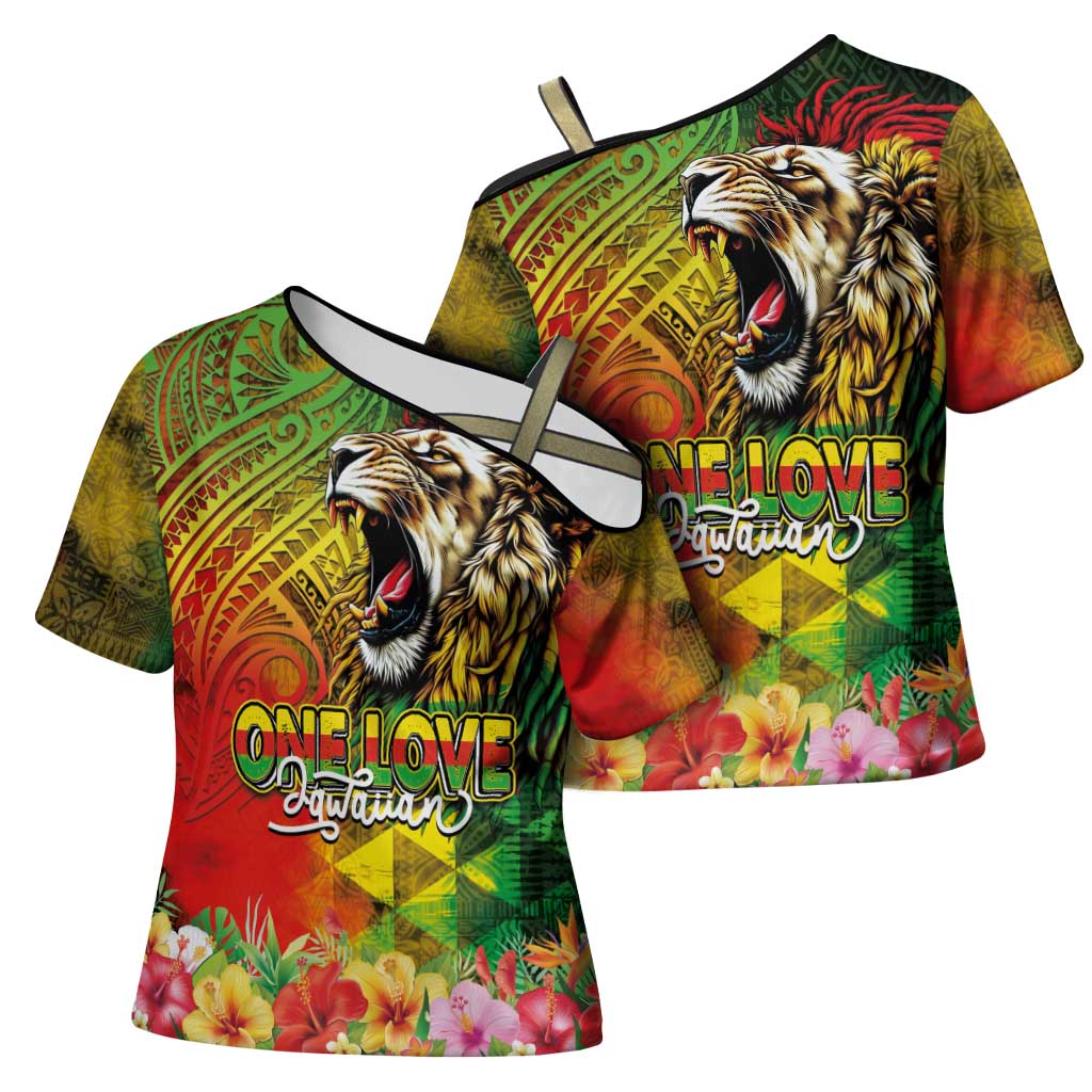 Hawaiian Reggae Cross Shoulder Shirt Jawaiian One Love-Tribal Tatoos and Rastafari Lion - Polynesian Pride