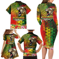 Hawaiian Reggae Family Matching Long Sleeve Bodycon Dress and Hawaiian Shirt Jawaiian One Love-Tribal Tatoos and Rastafari Lion - Polynesian Pride