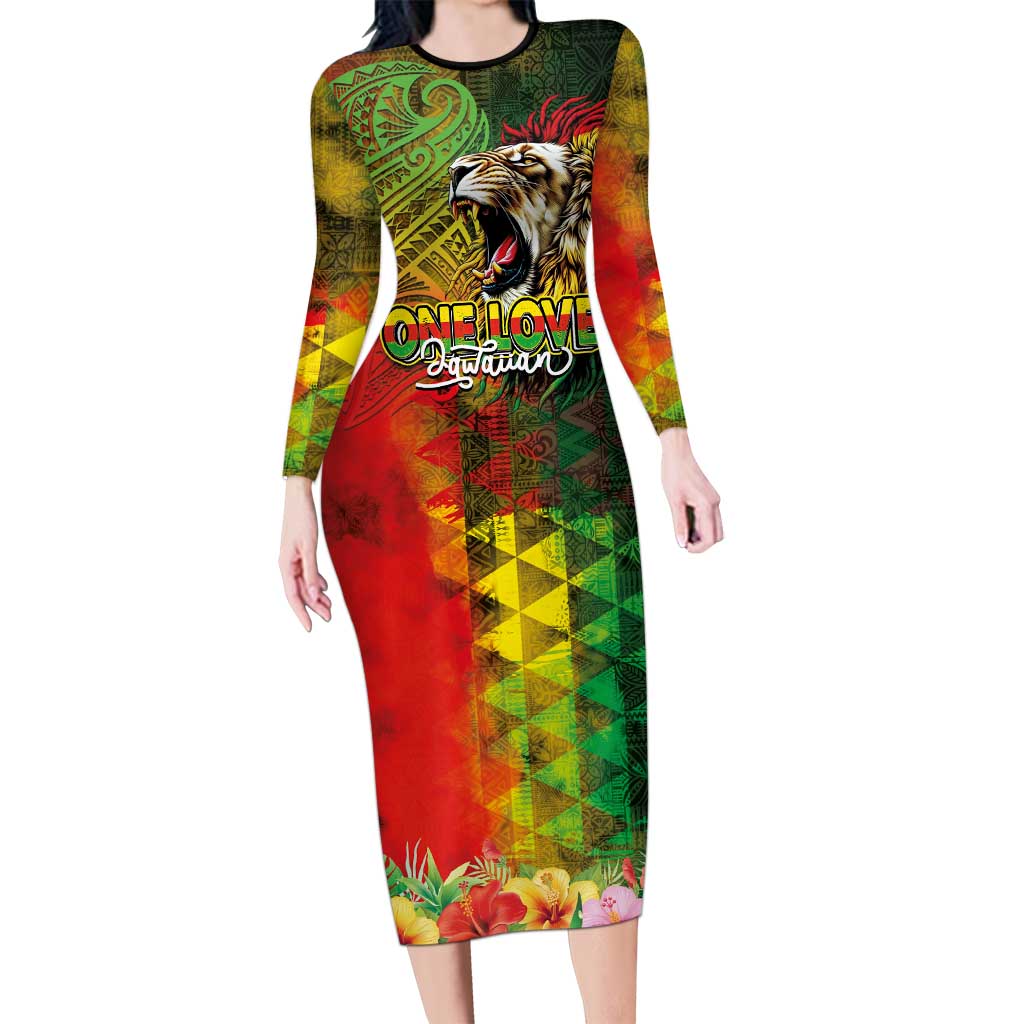 Hawaiian Reggae Family Matching Long Sleeve Bodycon Dress and Hawaiian Shirt Jawaiian One Love-Tribal Tatoos and Rastafari Lion - Polynesian Pride