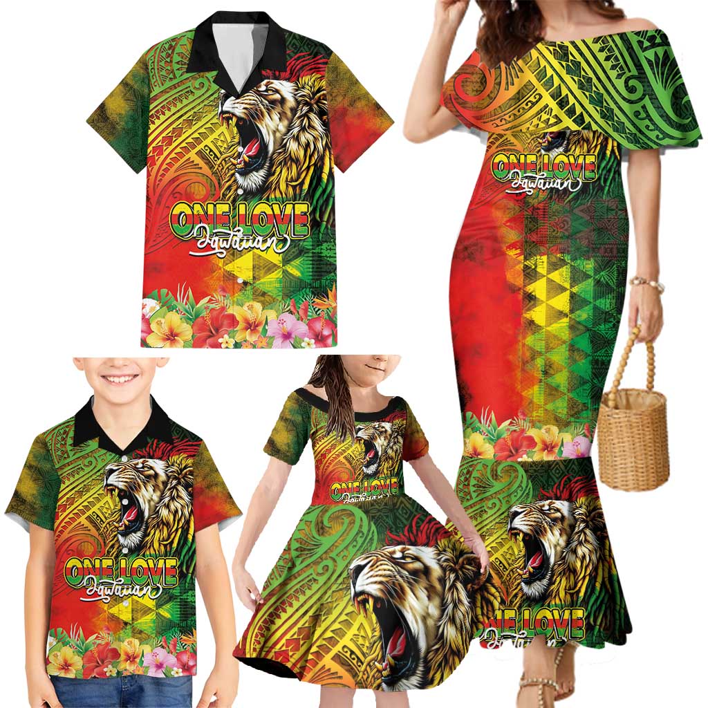 Hawaiian Reggae Family Matching Mermaid Dress and Hawaiian Shirt Jawaiian One Love-Tribal Tatoos and Rastafari Lion - Polynesian Pride