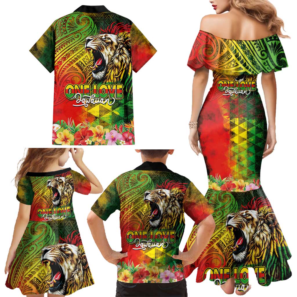 Hawaiian Reggae Family Matching Mermaid Dress and Hawaiian Shirt Jawaiian One Love-Tribal Tatoos and Rastafari Lion - Polynesian Pride