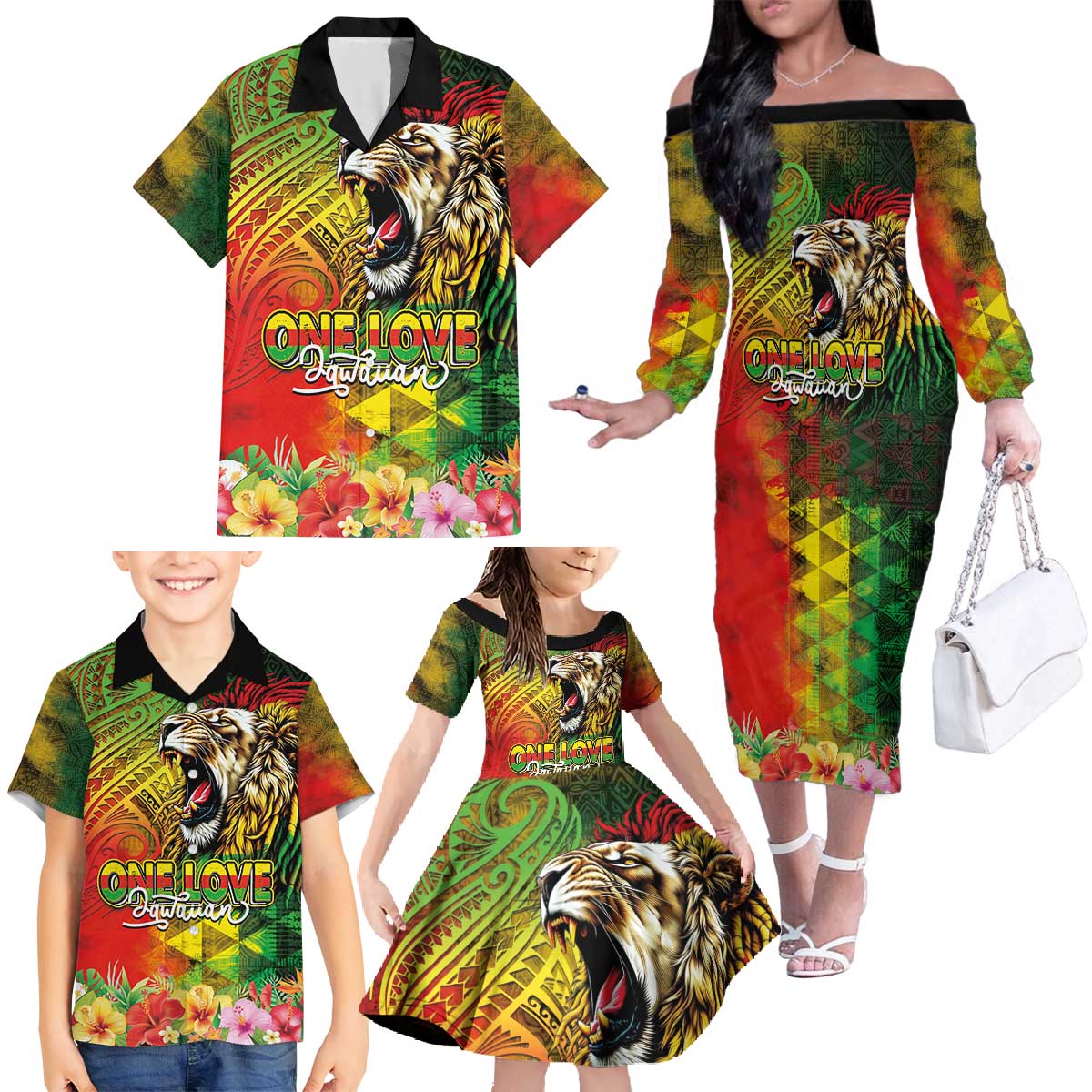 Hawaiian Reggae Family Matching Off The Shoulder Long Sleeve Dress and Hawaiian Shirt Jawaiian One Love-Tribal Tatoos and Rastafari Lion - Polynesian Pride