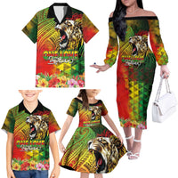 Hawaiian Reggae Family Matching Off The Shoulder Long Sleeve Dress and Hawaiian Shirt Jawaiian One Love-Tribal Tatoos and Rastafari Lion - Polynesian Pride